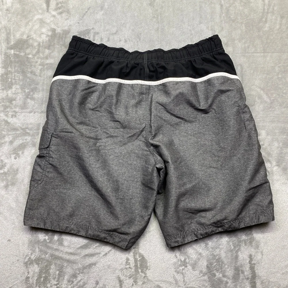 Speedo Mens Gray‎ Red White Stripe Swim Trunks Board Shorts Size L Tropical